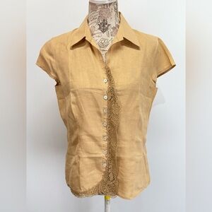 HAROLD’S Tan linen lace front‎ blouse size M.